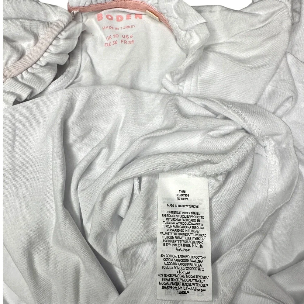 Boden Women's Supersoft Frill Detail Ruffle Neck Puff Sleeve T-shirt Sz 6 White